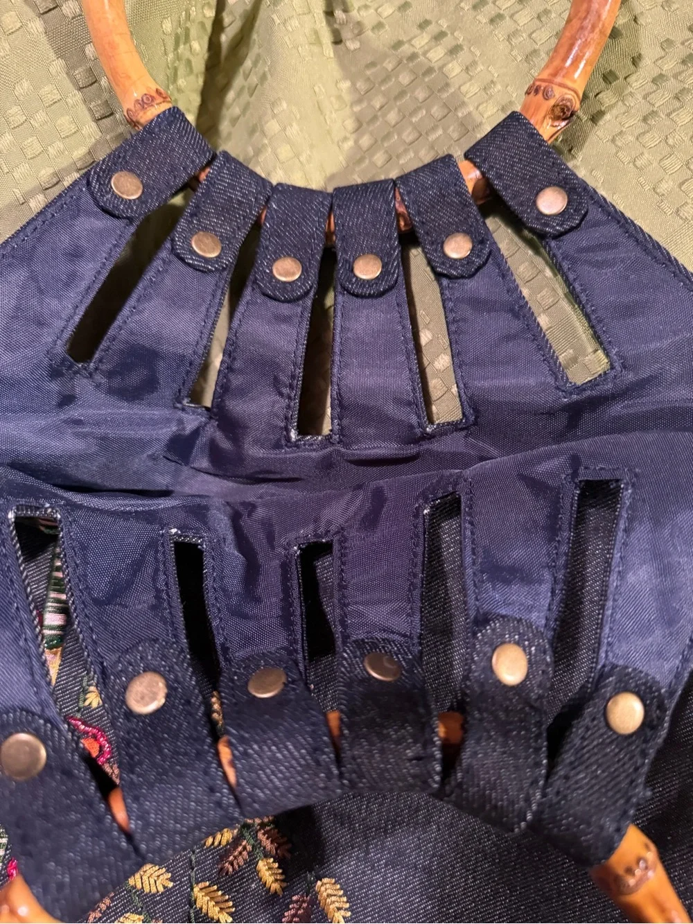 Handheld Bamboo-Handle Embroidered Navy Tote - Picture 5 of 7